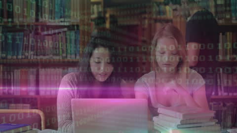 Students Collaborating in Library with Digital Interface Overlay