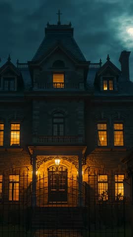 Vertical night footage showing gothic stone mansion with glowing windows under moonlit sky