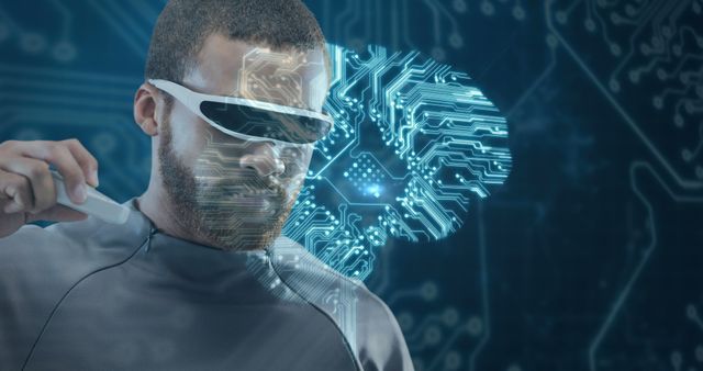 An African American man engages with advanced technology, wearing VR glasses that seem to interface with a digital brain, with copy space. His focused expression and the futuristic setting suggest a concept of virtual reality, AI, or brain-computer interfaces.