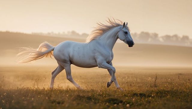 Majestic White Horse Galloping in Misty Morning Pasture