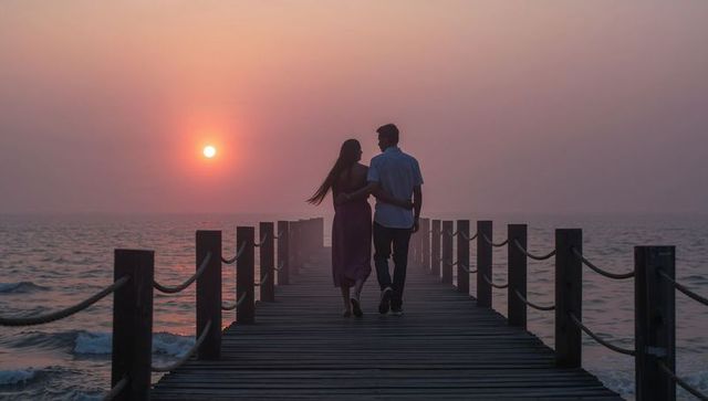 Romantic couple walking on wooden pier at sunset embracing silhouettes over ocean horizon