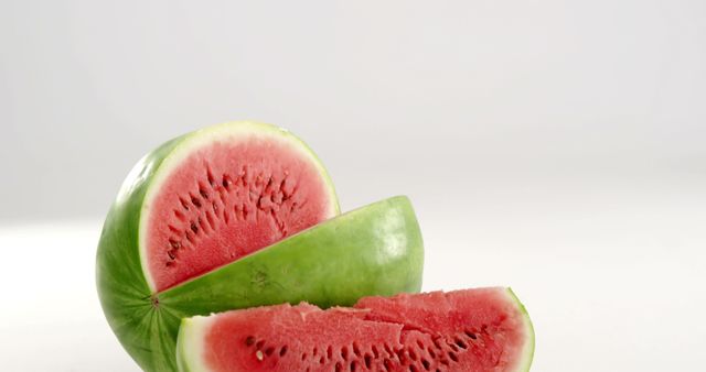 A fresh watermelon is sliced open, revealing its juicy red flesh, with copy space. Watermelon is a popular fruit known for its hydrating properties and sweet taste, especially during the summer season.