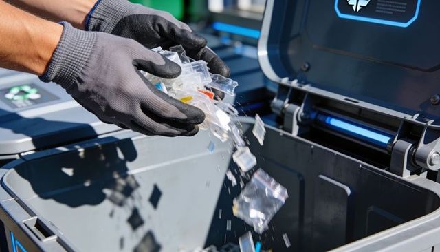 Gloved worker pouring plastic packets into smart recycling bin for waste sorting