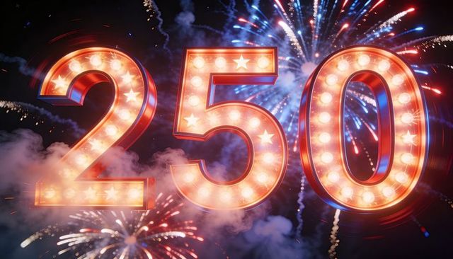 Glowing marquee 250 with vintage bulbs and fireworks celebrating major milestone party night