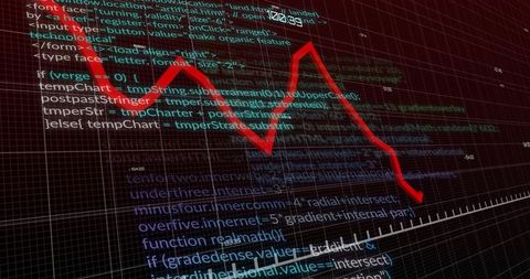 Jagged Declining Red Line Cutting Through Code-Filled 3D Grid Dashboard Data Visualization