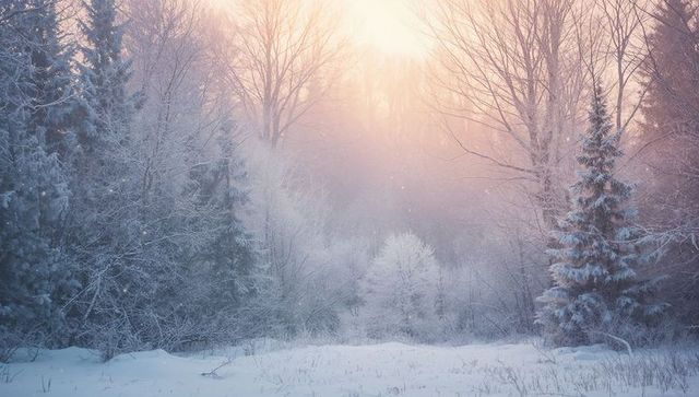 Glowing Frosty Forest Clearing at Dawn with Snow-Covered Pines and Soft Backlight