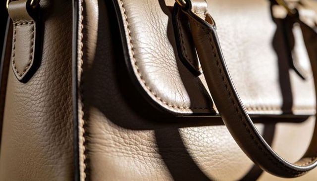 Highlighting tan leather satchel with textured grain, stitched seams and brass hardware