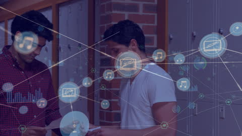 Diverse Male Students Discussing in School with Digital Network Overlay