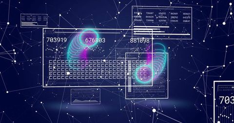 Holographic dataflow keyboard with neon teal magenta vortices and futuristic hud interface