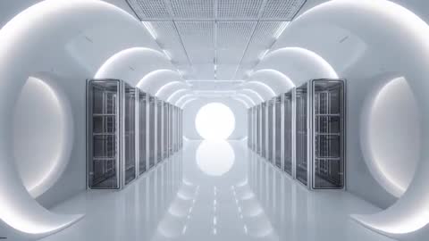 Futuristic Technology Corridor with Server Cabinets and Orb Light