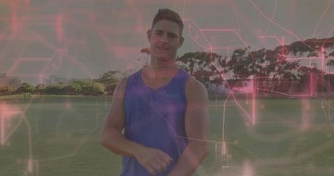 Athletic Man on Sports Field with Network Technology Overlay