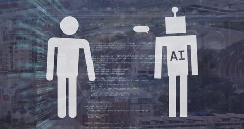 Human and AI Figures on Code Background Symbolizing Interaction