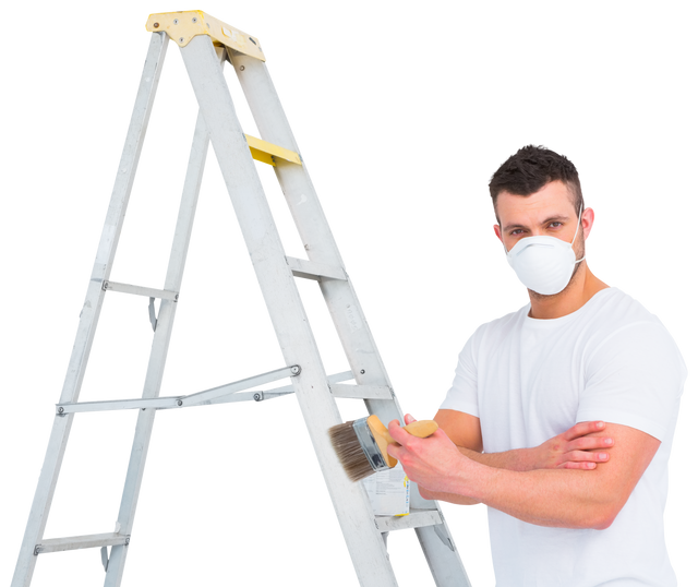 Handyman with Paintbrush and Ladder Wearing Protective Mask on Transparent Background - Download Free Stock Videos Pikwizard.com