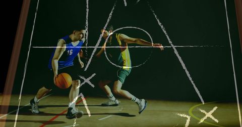 Basketball Players Competing with Strategy Overlay