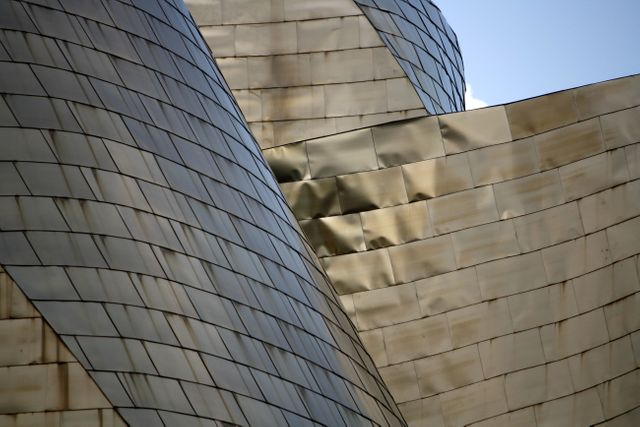 Close-up view of overlapping metal panels with unique curves. Modern architecture and contemporary design are prominent, showcasing stainless steel materials and geometric patterns. Ideal for illustrating urban development, architectural styles, engineering marvels, and innovative building designs.