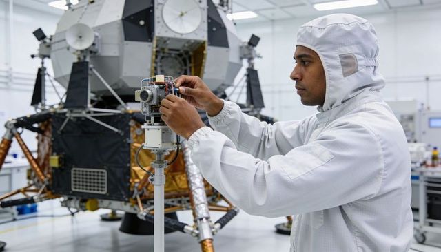 Aerospace technician calibrating precision sensor on lunar lander in cleanroom