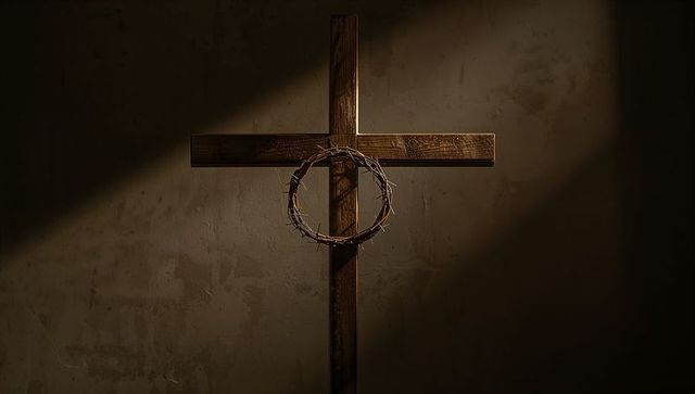 Illuminated wooden cross with crown of thorns in sparse setting