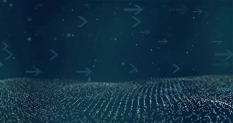 Streaming data flow across luminous particle field with moving arrow glyphs, parallax depth and glow
