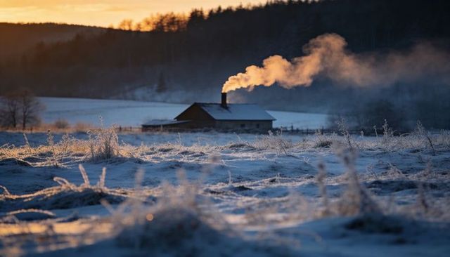 Frosty meadow sunrise with farmhouse chimney smoke curling over quiet winter countryside