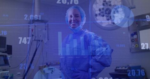 Confident Female Surgeon in Operating Room with Digital Technology Overlays