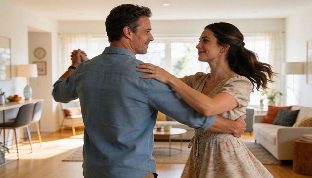 Couple dancing in sunlit living room embracing casual romance cozy home vibe