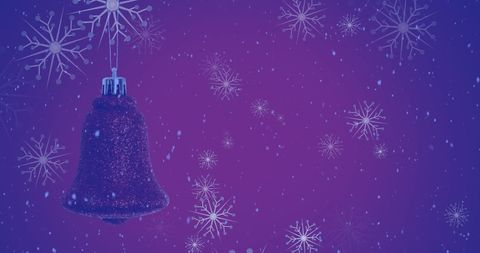 Festive bell ornament with falling snow in winter scene