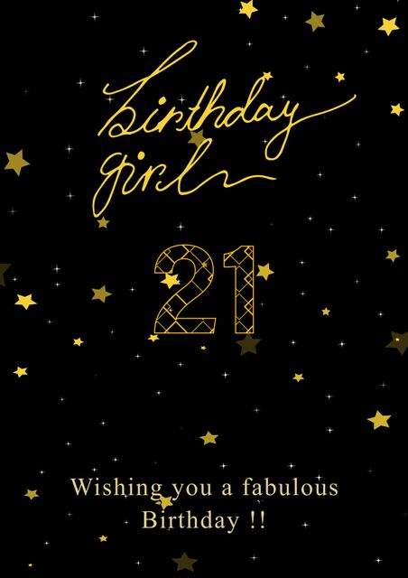 Perfect for 21st birthday invitations, posters, and greeting cards. Elegant and festive black background with gold stars pattern adds a touch of class. Ideal for celebrating a significant milestone birthday.