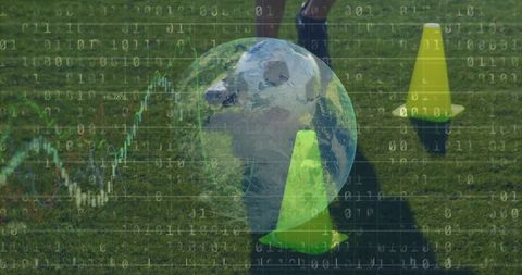 Athlete sprinting through cone drill with earth globe and binary data overlay