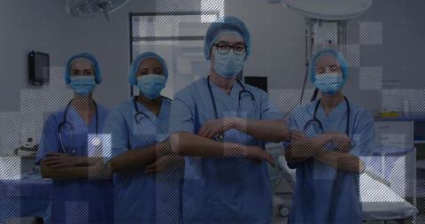Multidisciplinary surgical team standing with arms crossed in operating room with tech overlay