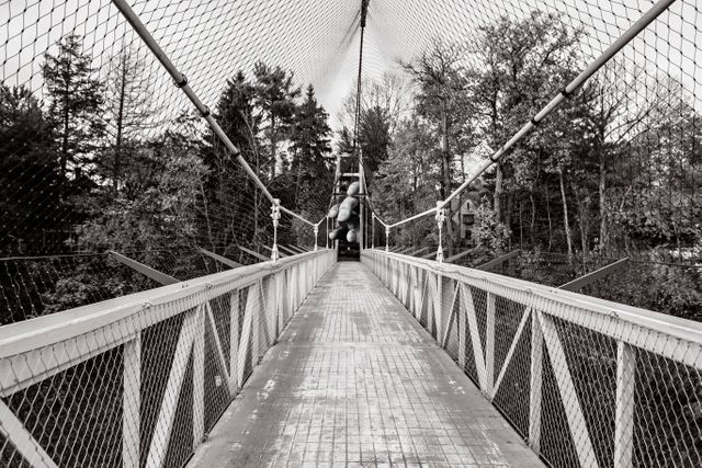 A suspension bridge with a rustic metal deck stretches across a forested area, surrounded by trees. The bridge features chain link side railings, allowing for a secure passage. The image can be used for themes involving nature, travel, outdoor adventures, or architectural design.