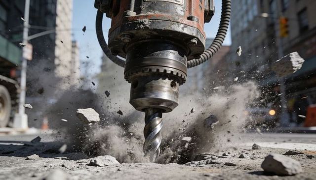 Rotary drill breaking concrete on city street with dust plume and flying debris