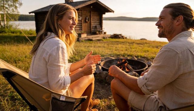 Couple chatting by lakeside campfire at sunset with rustic cabin for cozy outdoor retreat