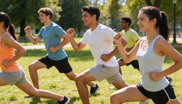 Asian woman leading lunges in diverse outdoor group fitness class