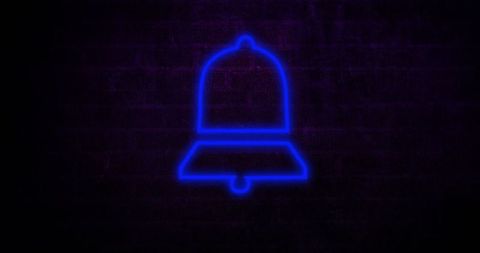 Glowing Blue Neon Notification Bell on Dark Brick Wall