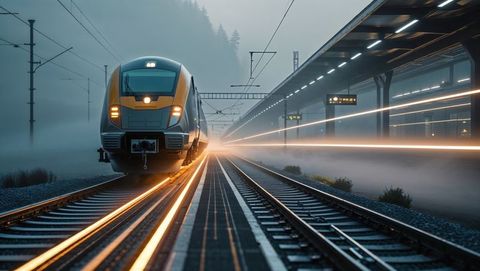 Foggy nightscape with electric train and illuminated platform, streamline design