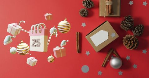 Christmas Celebration Elements on Festive Red Background