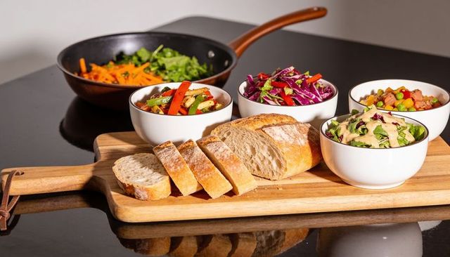 Rustic sliced bread with colorful vegetable bowls on wooden board and glossy countertop