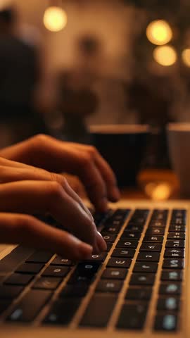 Vertical video of hands typing on laptop at cozy cafe table with warm bokeh lights