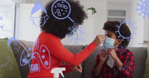 Mother and Son with Masks Amid Pandemic Icons Illustrations