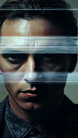 Vertical cinematic headshot with glitching lines, man holding intense gaze in studio