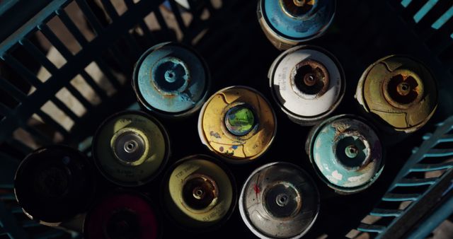 Rusty Spray Paint Cans in a Crate - Download Free Stock Images Pikwizard.com