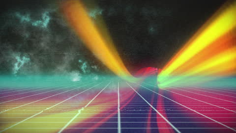 Retro Futuristic Glowing Grid with Neon Light Streaks