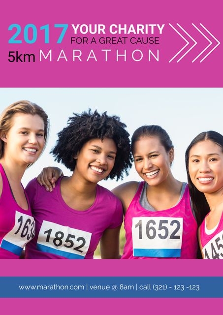 This photo shows four diverse women smiling and participating in a charity 5k marathon. They are wearing numbered race bibs and athletic gear. Suitable for use in promotions for charity events, fitness campaigns, and community activities. Ideal for marketing charity runs, health initiatives, and diverse team-building events.