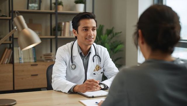 Young physician listening attentively to patient during medical consultation in bright clinic