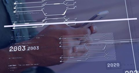 Man holding smartphone navigating HUD timeline with data overlay and futuristic analytics