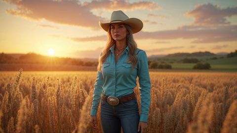 Cowgirl in western attire at wheat field sunset