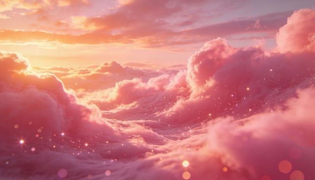 Ethereal pink cloudscape sunrise with sparkling bokeh and luminous pastel glow