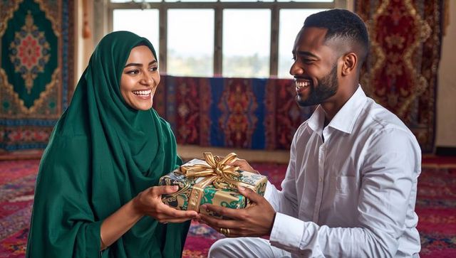 Couple exchanging gift in ornate carpeted interior smiling and celebrating tradition