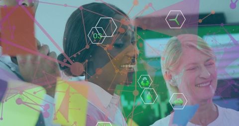 Diverse Team Collaborating on Sustainable Ideas with Digital Icons