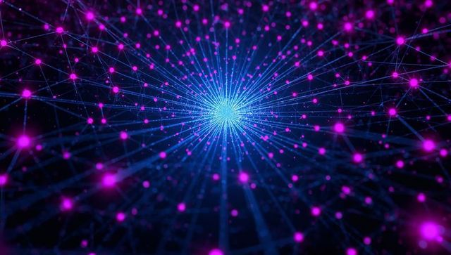 Neon network hub radiating cyan lines connecting magenta nodes for ai and data visuals